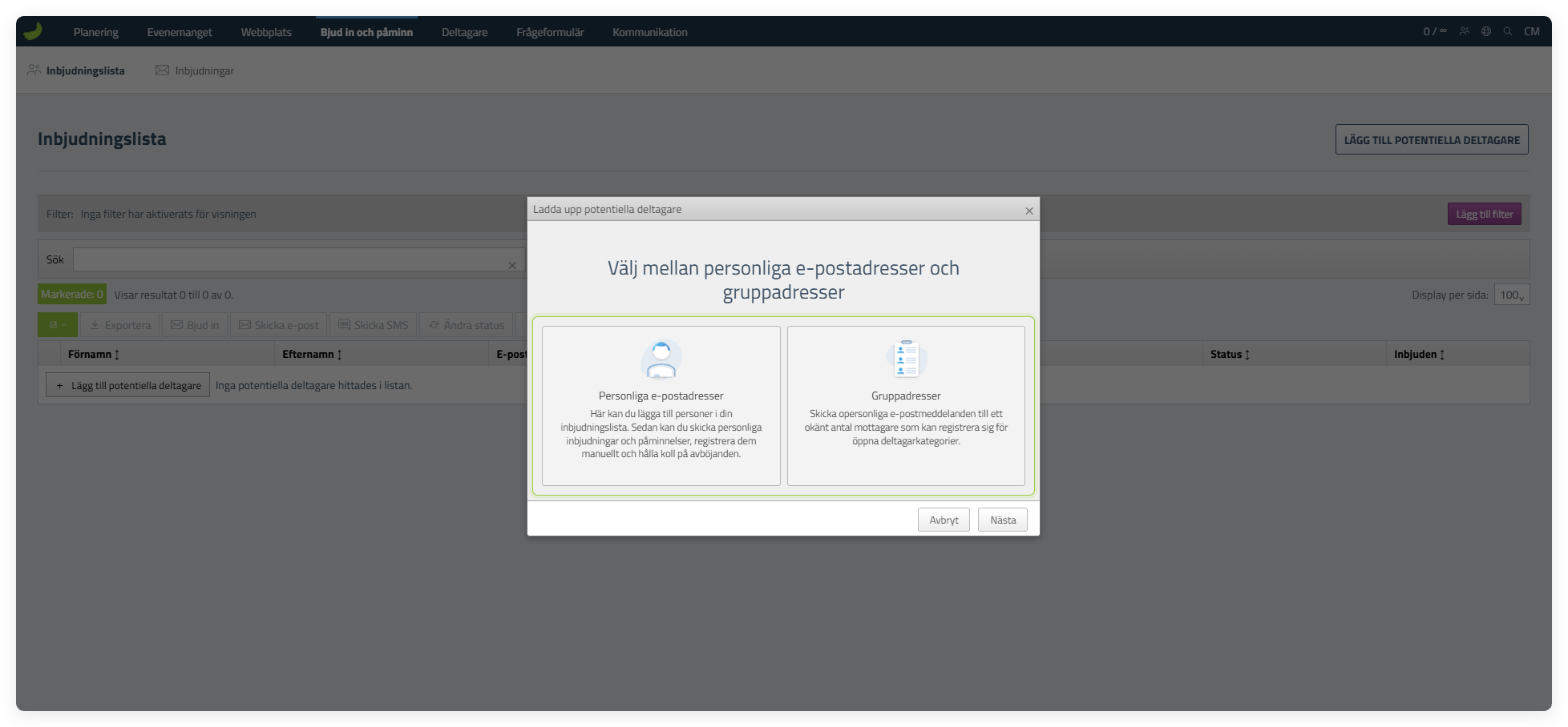 Dialog med valet mellan Personliga e-postadresser och Gruppadresser