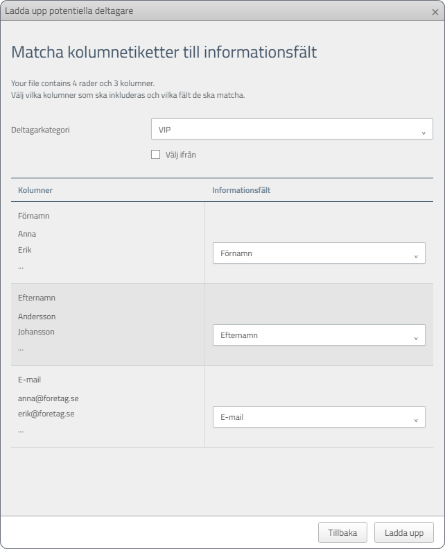 Matcha filens kolumner med informationsfält