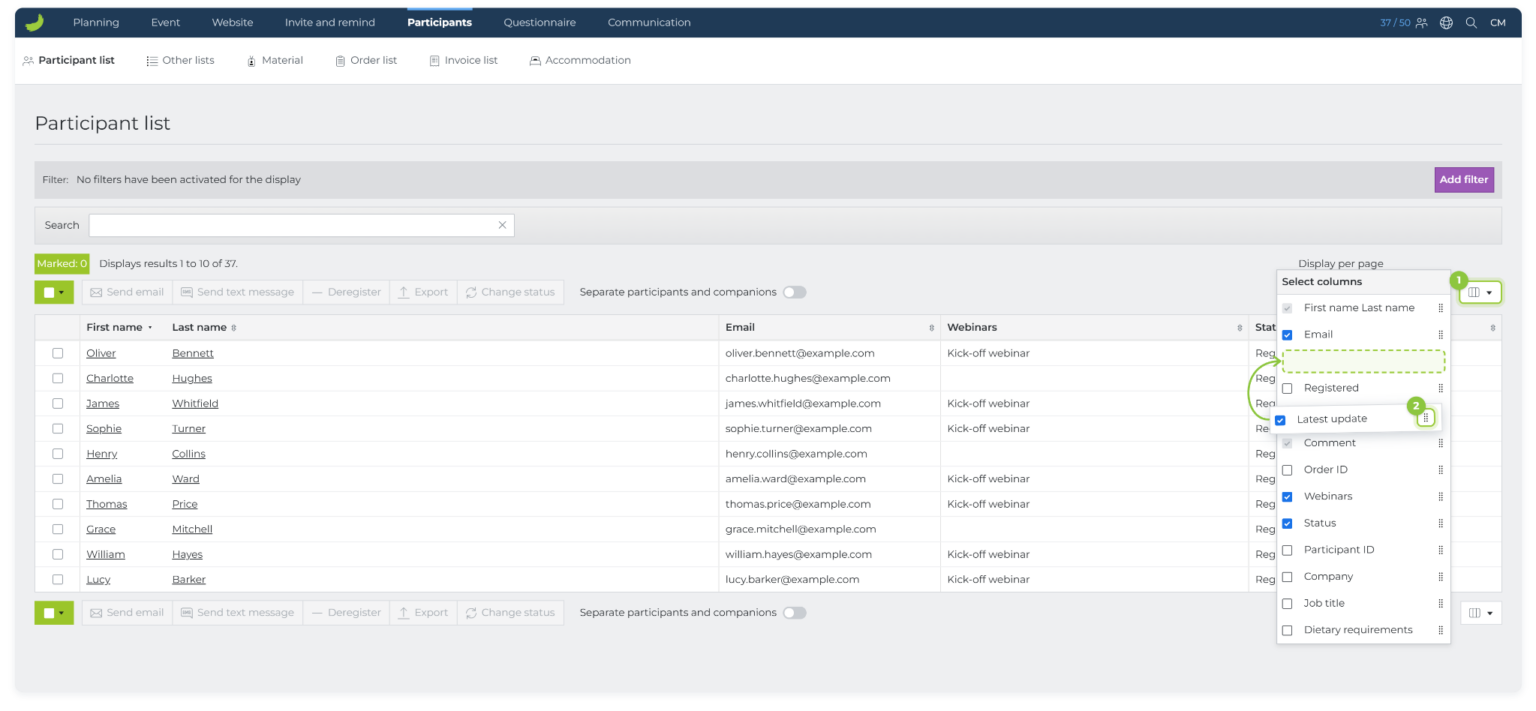 Customise list columns in Conference Manager