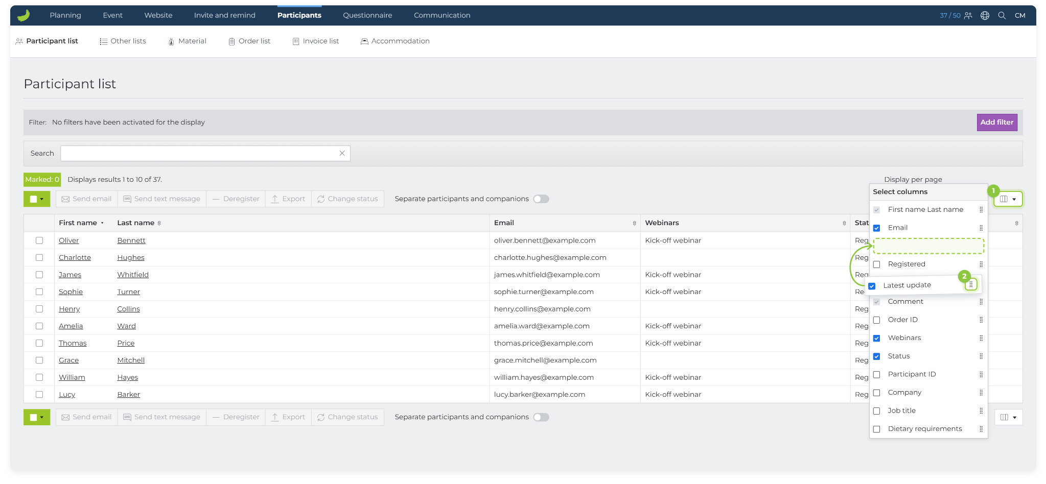 Participant list with the Select columns menu open, showing checkboxes and drag handles.